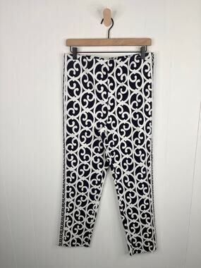 ✨2/$30✨ NWT Elie Tahari Geo Scroll Print Trouser Pants Large Navy Blue High Rise